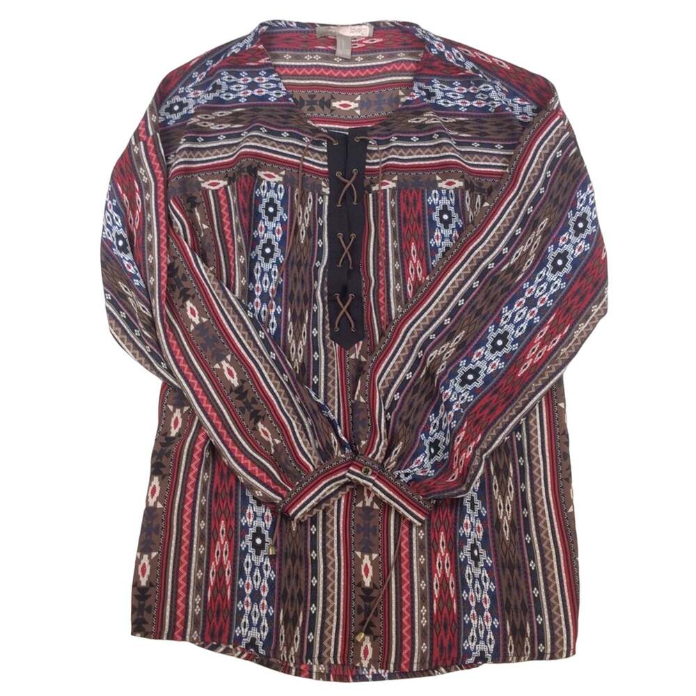 Love 21 Western Lace Up Top Medium Navy Red Brown